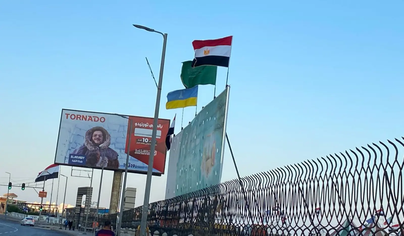 Egyptian and other national flags on lampposts in the streets of Alexandria