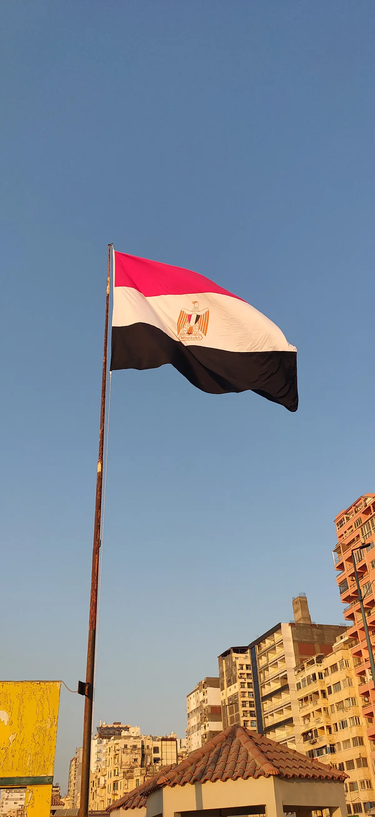 The Egyptian flag on a mast in front of Alexandria buildings