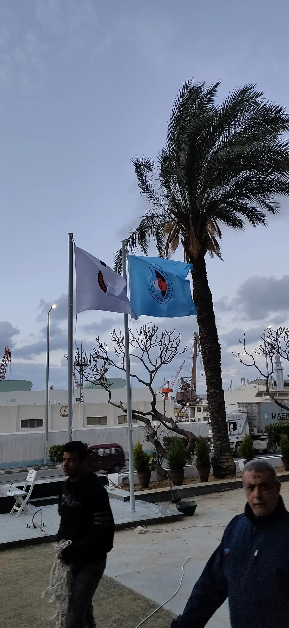 أعلام بشعار ترسانة الإسكندرية مرفوعة على ساريات